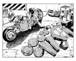  1boy abaraya akira_(manga) bicycle boots border box cable car_battery commentary_request garage gloves greyscale hand_on_own_head highres holding holding_wrench indoors kaneda_shoutarou's_bike kaneda_shoutarou_(akira) male_focus monochrome motor_vehicle motorcycle on_motorcycle pants short_hair short_sleeves sitting solo white_border wrench 