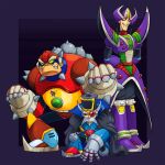 3boys agile_(mega_man) android armor arms_behind_back black_cape black_hat bracelet cape chest_jewel clenched_hands clenched_teeth facial_hair forehead_jewel gloves green_eyes hat helmet high_collar highres jewelry looking_at_viewer mega_man_(series) mega_man_x2 mega_man_x_(series) multiple_boys mustache old old_man pink_eyes purple_armor purple_background purple_hat purple_helmet red_eyes robot robot_ears serges_(mega_man) sigma_symbol simple_background smile spiked_bracelet spikes standing teeth toastiepumpkin violen_(mega_man) weapon 