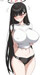  1girl alternate_breast_size_(larger) alternate_costume arms_behind_back artist_name black_hair black_halo black_panties blue_archive blush breasts bright_pupils closed_mouth collarbone covered_nipples cowboy_shot english_commentary evil_rat eyelashes eyeshadow flying_sweatdrops hair_ornament halo hand_on_own_arm highres huge_breasts long_hair looking_afar makeup multicolored_halo navel panties red_eyes red_eyeshadow red_halo rio_(blue_archive) shirt short_sleeves shy sidelocks simple_background solo standing sweatdrop t-shirt two-tone_halo underwear very_long_hair white_background white_pupils white_shirt 