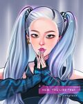  1girl artist_name_(singer) black_eyeliner blackpink commentary_request earrings eyeliner fuengfoo1 grey_hair highres instagram_username jewelry makeup mascara mole parted_lips pink_lips rose_(blackpink) solo song_name thai_commentary twintails upper_body white_eyeshadow 