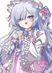  1girl artist_name bow bowtie commentary_request dress frilled_dress frilled_hairband frilled_sleeves frills hair_bow hair_over_one_eye hairband highres holding holding_microphone holding_microphone_stand karaoke_manekineko lolita_fashion lolita_hairband long_hair long_sleeves looking_at_viewer mahou_shoujo_no_majo_saiban microphone microphone_stand natsume_an-an official_alternate_costume pink-tinted_eyewear pink_bow purple_eyes shuuka_(po_n819) signature simple_background singing sleeves_past_wrists solo sweet_lolita tinted_eyewear very_long_hair white_background white_hair white_hairband 