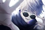  1boy black_jacket blue_eyes eyelashes fukuzawa_yukichi_(egoist867) gojou_satoru hair_between_eyes hand_up high_collar jacket jujutsu_kaisen looking_at_viewer male_focus open_mouth reaching reaching_towards_viewer round_eyewear short_hair simple_background smile solo sunglasses tongue tongue_out upper_body white_background white_hair 