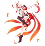 1girl amyucheu asymmetrical_legwear breasts china_dress chinese_clothes closed_mouth commentary_request dress elbow_gloves feathers fu_hua fu_hua_(phoenix) full_body gloves hair_ornament high_heels highres honkai_(series) honkai_impact_3rd korean_commentary long_hair looking_at_viewer mismatched_legwear multicolored_hair ponytail red_eyes red_gloves red_hair simple_background small_breasts solo two-tone_hair white_background white_hair 