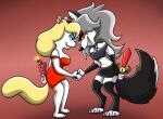  2025 animaniacs anthro big_breasts blonde_hair bottomwear breasts canid canid_demon canine clothing collar crossover demon digital_media_(artwork) dress duo dynamite explosives eyelashes eyeshadow female fur gesture grey_body grey_fur grey_hair hair handshake hellaverse hellhound helluva_boss hi_res leggings legwear loona_(helluva_boss) makeup mammal melee_weapon minerva_mink mink mustelid musteline mythological_canine mythological_creature mythology navel red_sclera shinragod shorts sword teeth topwear true_musteline warner_brothers weapon white_body white_eyes white_fur 