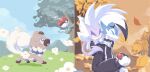  absurd_res ambiguous_gender anthro ball blue_body blue_eyes blue_fur brown_body brown_fur clothing collar feral fur generation_7_pokemon hi_res kian_(kianyemao) liuliankeya lycanroc nintendo plant pokemon pokemon_(species) rockruff sky tree white_body white_fur 