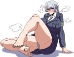  1girl ak-15_(girls'_frontline) armband ass blue_jacket blue_skirt blue_suit blush braid breasts commentary_request english_commentary eui_666 girls'_frontline girls'_frontline_2:_exilium green_armband grey_nails grey_necktie highres huge_breasts jacket long_hair long_sleeves lying necktie official_alternate_costume panties purple_eyes red_pupils simple_background single_braid skirt solo suit thighs underwear voymastina_(girls'_frontline_2) white_background white_panties 