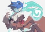  1boy armband bandaged_chest bandages bandages_over_eyes blue_eyes blue_hair blue_skin brown_coat brown_gloves clenched_teeth coat colored_skin commentary_request covered_eyes gloves gumvvvball original pointy_ears short_hair solo swept_bangs teeth white_background 