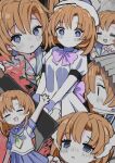  1girl absurdres blood blue_eyes blue_sailor_collar blue_skirt blue_wrist_cuffs blush bow bowtie breasts closed_eyes commentary_request dress hashitsuki_nata highres higurashi_no_naku_koro_ni multiple_views n0nalcoh0l nata_(tool) neckerchief open_mouth orange_hair pleated_skirt purple_bow purple_bowtie ryuuguu_rena sailor_collar school_uniform serafuku shirt short_hair short_sleeves skirt smile steam_from_ears take_it_home waving white_dress white_shirt wrist_cuffs yellow_neckerchief 