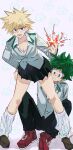  1boy 1girl abstract_background absurdres animal_background bakugou_katsuki bibiri_(r42r98r) black_pants black_skirt blazer blonde_hair boku_no_hero_academia breasts brown_shoes cleavage clenched_hand commentary_request epaulettes explosion freckles genderswap genderswap_(mtf) gold_buttons green_eyes green_hair grey_jacket hand_on_own_hip highres jacket kneehighs large_breasts leaning_forward loose_socks lower_teeth_only midoriya_izuku nervous open_mouth pants pink_background pleated_skirt red_eyes red_shoes ribbed_socks sanpaku school_uniform shaded_face shoes skirt sneakers socks spiked_hair sweat tareme teeth tsurime u.a._school_uniform unbuttoned unbuttoned_shirt 