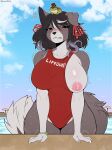  ambiguous_gender amphibian anthro areola big_breasts biped breasts canid canine canis claweddrip clothed clothing countershading dipstick_tail domestic_dog eyebrows eyelashes female feral frog fur glistening grey_body hat headgear headwear hi_res larger_female lifeguard_swimsuit mammal markings nipples one-piece_swimsuit one_breast_out pupils red_clothing red_swimwear size_difference smaller_ambiguous swimming_pool swimwear tail tail_markings text top_hat water wide_hips 
