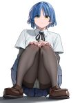  1girl absurdres black_ribbon blue_hair blue_skirt bocchi_the_rock! brown_shoes closed_mouth collared_shirt commentary crotch_seam expressionless full_body grey_pantyhose hair_ornament hairclip hands_on_own_knees highres layered_sleeves loafers long_sleeves looking_at_viewer magurotatakighn mole mole_under_eye neck_ribbon panties panties_under_pantyhose pantyhose parallel_hairclips parted_bangs pleated_skirt ribbon school_uniform shadow shirt shoes short_hair short_over_long_sleeves short_sleeves simple_background skirt solo squatting straight_hair undershirt underwear white_background white_panties white_shirt yamada_ryo yellow_eyes 