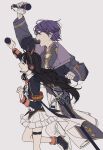  1boy 1girl arm_up black_hair closed_eyes commentary_request highres holding holding_microphone kamatama_rom kenmochi_touya long_hair microphone nijisanji nijisanji_idol_uniform official_alternate_costume purple_hair short_hair simple_background smile tsukino_mito virtual_youtuber white_background 