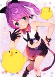  1girl ahoge aqua_eyes baby_animal bad_link bird black_boots black_gloves black_necktie black_ribbon black_shoes blue_eyes boots bpa_(bpa_echichi) bracelet chick closed_mouth collar collared_shirt earrings from_above gloves green_eyes hair_ribbon highres indie_virtual_youtuber jewelry midriff mochi_hiyoko mochipro navel neck_ribbon necktie pearl_earrings pink_background ponytail purple_collar purple_hair ribbon ribbon_earrings see-through_clothes see-through_thighhighs shirt shoes simple_background single_glove single_sock single_thighhigh sleeveless sleeveless_shirt smile socks star_(symbol) star_symbol_background stuffed_animal stuffed_toy tareme thigh_strap thighhighs virtual_youtuber 