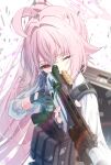  1girl ahoge aiming ammunition_pouch blue_archive bulletproof_vest fingerless_gloves firing gloves gun halo handgun highres hoshino_(armed)_(blue_archive) hoshino_(blue_archive) huge_ahoge izuno_(izunoyoshiki) one_eye_closed pink_hair pink_halo ponytail pouch school_uniform shotgun solo tactical_school_uniform weapon 