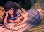  2girls arms_around_another's_waist bare_shoulders bed bed_sheet black_hair blush book brown_hair closed_mouth columbina_(genshin_impact) commentary couple elbow_rest english_commentary genshin_impact hair_flaps hair_ornament halation_pupils head_on_another's_back highres hug hug_from_behind lace-trimmed_nightgown long_hair long_sidelocks lying monchizu multicolored_hair multiple_girls nightgown on_bed on_side pillow pom_pom_(clothes) pom_pom_hair_ornament purple_eyes purple_hair purple_nightgown purple_streaks sandrone_(genshin_impact) short_hair sidelocks sleepwear smile streaked_hair two-tone_hair under_covers unusually_open_eyes very_long_hair yuri 
