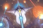 absurdres battle commentary_request cosmo-5 drone energy_beam energy_cannon explosion firing gameplay_mechanics gradius highres muzzle_flash nebula no_humans science_fiction signature space spacecraft star_(sky) starfighter thrusters vic_viper war zero_gravity 