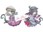  alternate_costume amputee artist_name black_hat blonde_hair blood blue_eyes body_horror bow bowtie brown_eyes chinese_commentary closed_mouth collared_shirt colored_blood commentary_request corruption dress extra_eyes gap_(touhou) hair_bow hat long_hair long_sleeves looking_at_another maribel_hearn mob_cap necktie object_in_eye oriharareimu pink_bow pink_eyes purple_bow purple_bowtie purple_dress purple_necktie shirt signature simple_background smile stitches tentacles touhou usami_renko white_background white_hat white_shirt 