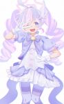  1girl absurdres blue_archive blue_hair blush chromatic_aberration commentary_request drill_hair gloves halo hand_on_own_hip highres jacket magical_girl multicolored_hair official_alternate_costume official_alternate_hairstyle open_mouth pantyhose pink_hair purple_eyes purple_halo purple_jacket purple_pantyhose purple_skirt reisa_(blue_archive) reisa_(magical)_(blue_archive) sainarohh shirt short_sleeves skirt solo striped_clothes striped_pantyhose twin_drills two-tone_hair v v_over_eye white_gloves white_shirt white_skirt 