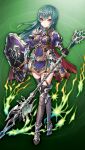  1girl armor belt black_gloves black_thighhighs blue_gem boots brown_belt brown_boots closed_mouth covered_navel emeralda_clover_(grimms_notes) full_body game_asset gem gloves green_background green_hair grimms_notes hair_between_eyes holding holding_polearm holding_shield holding_weapon long_hair looking_at_viewer non-web_source official_art pauldrons pink_eyes polearm shield shoulder_armor silver_tiara single_pauldron solo thighhighs weapon 