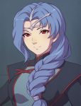  1girl blue_hair braid breasts brown_eyes closed_mouth english_commentary eyebrows_visible_through_hair hair_over_shoulder highres long_hair looking_at_viewer medium_breasts military military_uniform miura-n315 red_eyes seikai_no_senki simple_background single_braid smile solo spoor uniform upper_body 