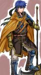  1boy armor axe battle_axe blue_eyes blue_hair brown_tunic cape closed_mouth commentary_request double-sided_axe fire_emblem fire_emblem:_path_of_radiance fire_emblem_heroes gloves gold_trim headband highres ike_(brave_mercenary)_(fire_emblem) ike_(fire_emblem) looking_at_viewer male_focus official_alternate_costume pauldrons rem_(eyes_410) short_hair shoulder_armor silver_trim single_pauldron solo tunic weapon 