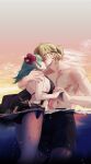  1boy 1girl ass bare_arms bare_back bikini black_bikini black_male_swimwear black_swim_trunks blonde_hair breasts commentary_request couple dimitri_alexandre_blaiddyd dimitri_alexandre_blaiddyd_(timeskip) emcgame eyepatch female_byleth_(awakened)_(fire_emblem) female_byleth_(fire_emblem) female_byleth_(summer)_(fire_emblem) fire_emblem fire_emblem:_three_houses fire_emblem_heroes flower from_side green_hair hair_flower hair_ornament hetero hibiscus highres holding_hands kiss large_breasts male_swimwear medium_hair official_alternate_costume official_alternate_hair_color outdoors partially_submerged partially_underwater_shot pectorals red_flower short_hair sideboob sunset swimsuit thick_thighs thighs topless_male water 