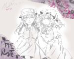  2girls alternate_hair_length_(longer) arms_behind_back artist_name bow bowtie breasts chinese_text closed_mouth collared_shirt commentary dated frilled_shirt_collar frills hair_bow hat hat_bow high-waist_skirt leaning_forward long_hair long_sleeves maribel_hearn mob_cap multiple_girls necktie one_eye_closed open_mouth oriharareimu puffy_short_sleeves puffy_sleeves shirt short_sleeves sketch skirt sleeve_garter smile touhou translation_request usami_renko 