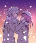  2girls :d ^_^ absurdres alternate_costume backlighting blush_stickers closed_eyes coat commentary_request emu_shido face-to-face facing_another from_side gradient_background grey_eyes hair_between_eyes hands_up happy hat highres long_hair long_sleeves looking_at_another mittens multiple_girls naruse_shiroha one_side_up open_mouth outdoors pink_hair profile sailor_hat scarf simple_background sketch smile snowing summer_pockets upper_body white_hair white_hat white_mittens white_scarf winter winter_clothes yellow_coat 