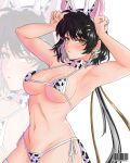  1girl absurdres alternate_costume animal_ears animal_hairband animal_print antenna_hair bare_shoulders bikini black_hair braid breasts colored_inner_hair covered_nipples cow_ears cow_girl cow_horns cow_print cow_print_bikini cow_tail earrings fake_animal_ears fake_tail female_rover_(wuthering_waves) groin hair_ornament hair_ribbon hairclip highres horns horns_pose jewelry large_breasts long_hair low-braided_long_hair low-tied_long_hair micro_bikini multicolored_hair navel parallel_hairclips print_bikini rezilism ribbon ribs rover_(wuthering_waves) side-tie_bikini_bottom skindentation solo stomach swimsuit tail thighs triangle_earrings very_long_hair white_hair wuthering_waves yellow_eyes yellow_ribbon 