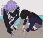  1boy 1girl black_hair blazer gloves hoshirube_sho hoshirube_sho_(1st_costume) jacket kamatama_rom loafers long_hair nijisanji pants pleated_skirt purple_hair sand school_uniform shoes skirt squatting thighhighs toy tsukino_mito tsukino_mito_(1st_costume) virtual_youtuber white_thighhighs 