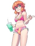  1girl bandaid bandaid_on_leg bikini blue_eyes breasts cleavage cowboy_shot cup disposable_cup drink grin highres holding holding_drink medium_breasts michelle_(thescarletone) multicolored_nails navel orange_hair original pink_bikini simple_background smile solo swimsuit thescarletone white_background 