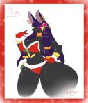  2015 anthro averyshadydolphin bell black_body black_fur breasts canid canine canis character_request christmas christmas_bikini clothing ear_pearcing female fur gloves glowing glowing_eyes hair handwear hi_res holidays jackal looking_at_viewer mammal markings neck_brace purple_eyes purple_hair signature smile swimwear tail thick_thighs two-piece_swimsuit unavailable_at_source wide_hips yellow_markings yellow_sclera 