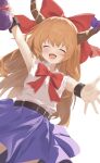  absurdres belt bilibili_53287522 blonde_hair bow brown_belt brown_horns gourd hair_bow highres holding holding_gourd horn_ornament horn_ribbon horns ibuki_suika laughing purple_skirt red_bow ribbon shirt simple_background skirt touhou white_shirt 