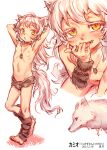  1boy :o animal animal_ears armband arms_behind_head arms_up bare_pectorals barefoot brown_loincloth casual colored_eyelashes commentary_request feet full_body highres jewelry kurotsuki_(luowei99) legband licking licking_finger loincloth long_hair male_focus navel necklace nipples open_mouth original pectorals ribs scar scar_on_face stomach tail thighs tongue tongue_out transformation white_eyelashes white_hair white_tail wolf yellow_eyes 