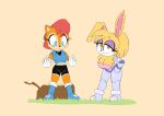  anthro archie_comics big_breasts blue_eyes boots bottomwear breasts brown_body brown_fur brown_hair bunnie_rabbot camel_toe chipmunk cleavage clothed clothing crop_top cybernetic_limb duo eyelashes eyeshadow female footwear fur gloves green_eyes ground_squirrel hair handwear hi_res lagomorph leotard leporid makeup mammal op_gero rabbit rodent sally_acorn sally_acorn_(post-sgw) sciurid sega shirt shoes shorts simple_background sonic_the_hedgehog_(archie) sonic_the_hedgehog_(comics) sonic_the_hedgehog_(series) tan_background topwear tree_stump vest 