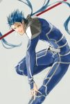  1boy armor beads blue_hair bodysuit closed_mouth cu_chulainn_(fate)_(all) earrings fate/stay_night fate_(series) gae_bolg grey_background hair_beads hair_ornament hakusaihatake jewelry lancer long_hair male_focus pauldrons ponytail red_eyes shoulder_armor simple_background skin_tight smile solo spiked_hair type-moon 