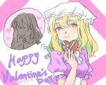  2girls alternate_hair_length_(longer) blush bow bowtie breasts capelet closed_mouth collared_shirt commentary dated dress english_text frilled_sleeves frills hair_between_eyes happy_valentine hat long_hair maribel_hearn missing_headwear mob_cap multiple_girls open_mouth oriharareimu puffy_short_sleeves puffy_sleeves purple_dress purple_eyes shirt short_sleeves sleeve_garter smile speech_bubble thought_bubble touhou two-tone_background usami_renko white_bow white_bowtie white_hat 