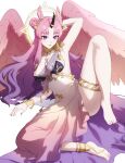  1girl absurdres animal_ears arm_behind_head barefoot black_horns bracelet breasts character_request commentary copyright_request double_bun earrings english_commentary gold_bracelet gold_rose gold_thighlet gradient_hair hair_bun hair_tubes halo highres horns jewelry long_hair multicolored_hair pink_hair pink_nails pink_wings pome0826 purple_eyes purple_hair second-party_source single_hair_tube single_horn solo thighlet wings 
