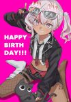  1girl black_jacket black_nails cat commentary_request dark-skinned_female dark_skin dated earclip earrings eyewear_on_head fingerless_gloves fishnet_pantyhose fishnets flat_chest gloves grey_hair grin happy_birthday highres jacket jewelry leg_tattoo looking_at_viewer matsukai_mao matsukai_mao_(4th_costume) midriff navel necktie pantyhose pink_background pink_eyes short_shorts shorts side_ponytail single_fishnet_legwear single_sock sitting smile socks solo sunglasses syoko_tkmdtomk tattoo v virtual_youtuber wariza 