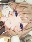  1girl anko_(kimt140n) black_bow blonde_hair blue_eyes blunt_bangs blush bow close-up closed_mouth commentary genshin_impact gloves highres long_hair looking_at_viewer portrait sandrone_(genshin_impact) sideways solo untranslatable_commentary white_gloves 