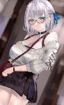  1girl absurdres bag bangs bare_shoulders blurry blurry_background blush braid breasts choker cleavage crown_braid dutch_angle glasses green_eyes hair_ribbon handbag highres hololive large_breasts mile_(off8mile) miniskirt off_shoulder plaid plaid_skirt ribbed_sweater ribbon shirogane_noel short_hair silver_hair skirt snowflake_necklace sweater thighs virtual_youtuber watch white_sweater 