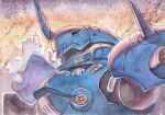  1980s_(style) backlighting building burning cityscape commentary_request damaged debris dirty faux_retro_artstyle fire gundam gundam_0080 kampfer_(mobile_suit) mecha mecha_focus mobile_suit one-eyed_mecha painting_(medium) portrait retro_artstyle robot scan scene_reference science_fiction shoulder_spikes spikes traditional_media user_rwnh5573 watercolor_(medium) zeon 