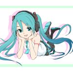  1girl aqua_eyes aqua_hair aqua_neckwear arm_support bare_shoulders belt black_legwear black_skirt chin_rest commentary full_body hair_ornament hands_on_own_cheeks hands_on_own_face hatsune_miku headphones legs_up letterboxed long_hair looking_at_viewer lying miniskirt necktie on_stomach open_mouth pleated_skirt shadow shirt shoulder_tattoo skirt sleeveless sleeveless_shirt smile solo soukun_s tattoo thighhighs twintails very_long_hair vocaloid vocaloid_(lat-type_ver) white_background white_shirt zettai_ryouiki 