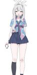  1girl absurdres bandaid bandaid_on_knee bandaid_on_leg black_socks blue_archive blue_necktie blue_shirt blue_skirt blush collared_shirt commentary drink floral_print floral_print_shirt grey_eyes grey_hair grey_halo halo highres holding holding_drink kneehighs konoka_(blue_archive) mask mouth_mask necktie open_mouth pleated_skirt print_shirt shirt short_sleeves single_kneehigh single_sock skirt socks solo unamaso white_mask 