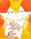  &lt;3 2020 3_fingers 5_fingers ambiguous_gender big_ears blush braixen chest_tuft cute_expression disembodied_hand duo eiroru eyes_closed fingers fluffy fluffy_tail front_view fur hand_holding hi_res hip_tuft holding_object human inner_ear_fluff long_tail looking_at_viewer mammal multicolored_body multicolored_fur multicolored_tail nintendo pok&eacute;mon pok&eacute;mon_(species) portrait semi-anthro shoulder_tuft simple_background smile tuft video_games white_body white_fur 