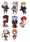  4boys 4girls absurdres armor bikini_armor black_armor black_bow black_hairband blonde_hair book boots bow bow_(weapon) breasts camilla_(fire_emblem) cleavage cloak closed_mouth collared_capelet commentary_request elise_(fire_emblem) fire_emblem fire_emblem_fates gloves gold_trim grey_hair hair_bow hair_over_one_eye hairband hand_on_hilt hand_up hands_up happuri highres hinoka_(fire_emblem) holding holding_book holding_bow_(weapon) holding_polearm holding_staff holding_weapon japanese_armor japanese_clothes leo_(fire_emblem_fates) long_hair looking_at_viewer medium_breasts multiple_boys multiple_girls mystical_high_collar open_mouth orange_eyes pink_eyes pink_hair polearm purple_eyes purple_hair red_armor red_eyes red_hair red_trim rem_(eyes_410) ryoma_(fire_emblem) sakura_(fire_emblem) short_hair simple_background small_breasts smile staff takumi_(fire_emblem) tiara twintails wavy_hair weapon white_armor white_cloak white_hairband xander_(fire_emblem) 