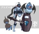  1girl ammunition_belt ammunition_pouch armor ballistic_shield bat_wings black_fur black_leggings black_mask blonde_hair blue_boots blue_eyes blue_gloves blue_tunic bob_cut body_armor boots border breastplate bullet covered_face deino_(pokemon) elbow_pads english_commentary facing_to_the_side gloves grey_background gun highres holding holding_gun holding_weapon hood hood_up leggings load_bearing_equipment load_bearing_vest looking_to_the_side machine_gun mask poke_ball pokemon pokemon_(creature) pokemon_black_and_white pouch riot_shield shield shoulder_pads swoobat team_plasma_grunt team_plasma_uniform thegraffitisoul tunic weapon white_border white_hood white_tunic wings 
