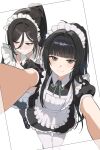  2girls absurdres apron black_hair black_pantyhose breasts closed_mouth commentary_request green_eyes grey_hair han_yoil highres korean_commentary long_hair looking_at_viewer lynnz maid maid_apron maid_headdress medium_breasts multiple_girls pantyhose ponytail simple_background thighhighs today's_han_yoil_is_a_woman white_background white_thighhighs 