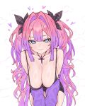  1girl arm_warmers arms_under_breasts bent_over black_bow black_bra black_shorts blue_eyes blush boijfal bow bra breasts center-flap_bangs cleavage colored_inner_hair cross_pendant gradient_hair hair_bow hair_intakes heart highres hololive hololive_dev_is jewelry kikirara_vivi large_breasts long_hair looking_at_viewer multicolored_hair necklace no_shirt pink_hair purple_arm_warmers purple_hair revealing_clothes short_shorts shorts smile star-shaped_pupils star_(symbol) sweat symbol-shaped_pupils twintails twitter_username two-tone_hair underwear very_long_hair white_background 