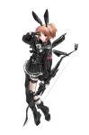  1girl animal_ears boots bow_(weapon) bunny_ears compound_bow copyright_request gloves hair_bun highres knee_pads looking_at_viewer ribbon salute short_hair sketch skirt solo sowb v weapon 